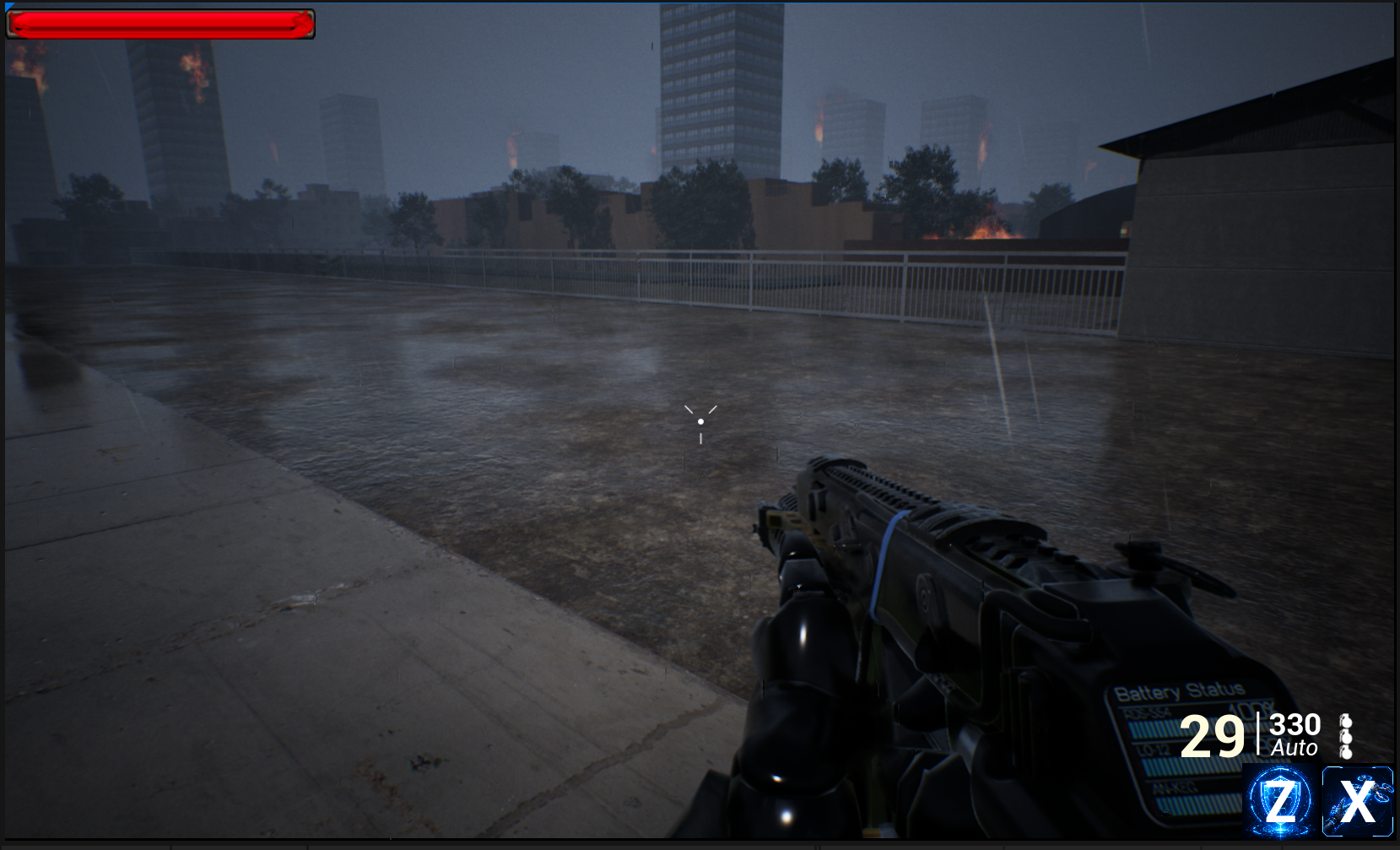 The same courtyard in rain, with the wetness layer active