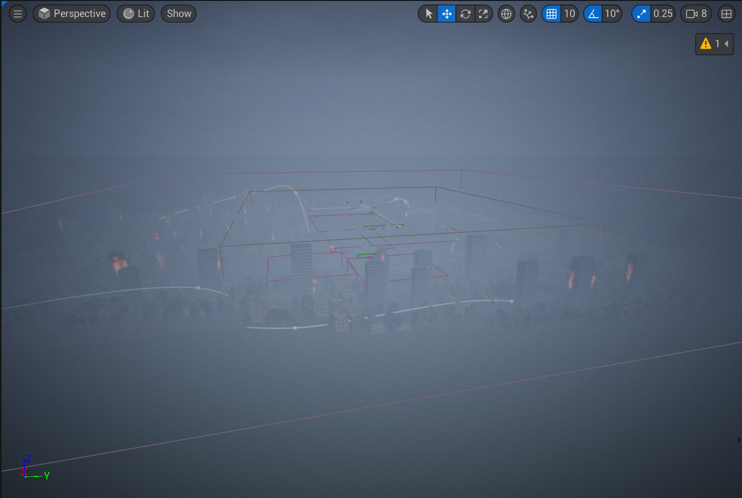 The whole level footprint seen through volumetric fog